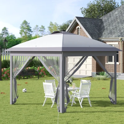 Outsunny Pabellón Plegable 3,3x3,3 m con Iluminación LED, Cortinas de Malla, Bolsa de Transporte, Gris