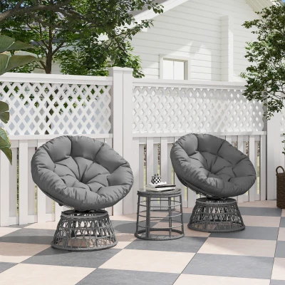 Outsunny Conjunto salon de jardín 3 piezas con 2 sillones papasan giratorios y 1 mesa baja redonda poliéster ratán