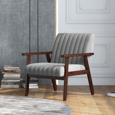 HOMCOM Fauteuil Moderne Tissu Gris Bois Rembourré