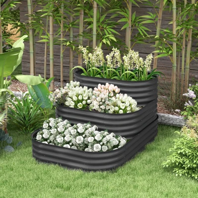 Outsunny Cama de jardín elevada con fondo abierto y 3 niveles para hierbas, verduras, frutas y flores 158x109x82 cm Gris