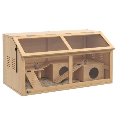 PawHut Jaula para Hámsters con Plataforma, Escaleras, Cabaña y Puente, en Madera de Abeto, 85x45x44 cm
