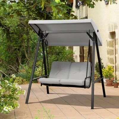 Outsunny Gartenliege für 2 Personen mit großem Komfort inkl. Sitz- und Rückenkissen, Armlehnen und Sonnendach in Grau