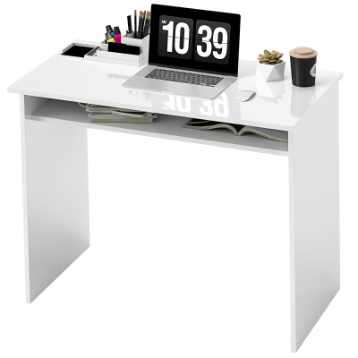 HOMCOM Bureau Informatique Compact 90x50x74cm Blanc Laqué