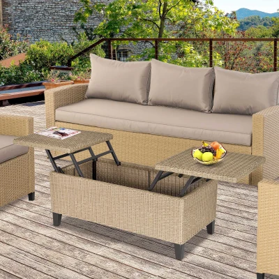 Outsunny Mesa de centro de jardín estilo acogedor chic - mesa de centro elevable - metal epoxi resina trenzada imitación ratán Beige