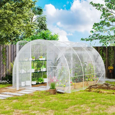 Outsunny Garten Tunnelgewächshaus 3 x 3 x 2 m 9 m² mit Tür mit Scharnieren und 150 g/m² PE-Folie für Gemüse Pflanzen Blumen