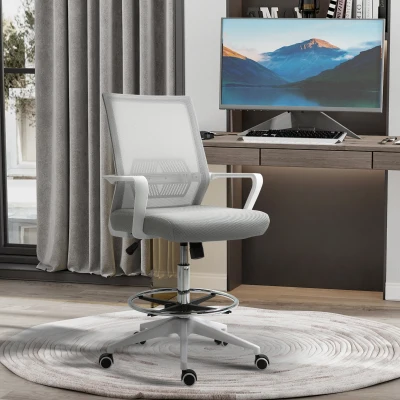 Vinsetto Silla de oficina de asiento alto ajustable 64x59x104-124 cm taburete de oficina giratorio 360° malla transpirable Grisy Blanco