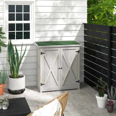 Outsunny Armario de Herramientas de Madera con 2 Puertas, Cobertizo de Herramientas con Techo de Asfalto, 110x55x117 cm, Gris claro