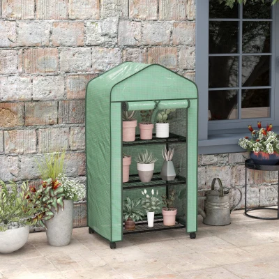 Outsunny Mini invernadero de jardín con 3 estantes, cubierta de PE de alta densidad, puerta enrollable, 4 ruedas, 69x49x130 cm