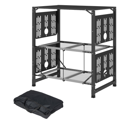 Outsunny Mesa de cocina de camping plegable, acero y aluminio, con bolsa de transporte, 2 mesas, 2 estantes y portavasos