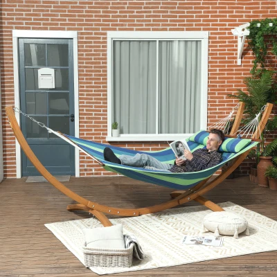 Outsunny Hammock with Wood Stand Cotton Blue Stripe