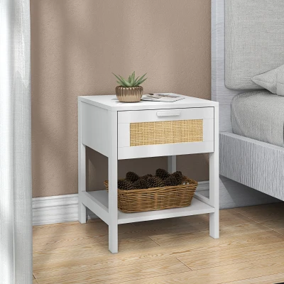 HOMCOM Nachttisch Beistelltisch mit Schublade und Regal, Rattan-Front, 40B x 40T x 48H cm weiß