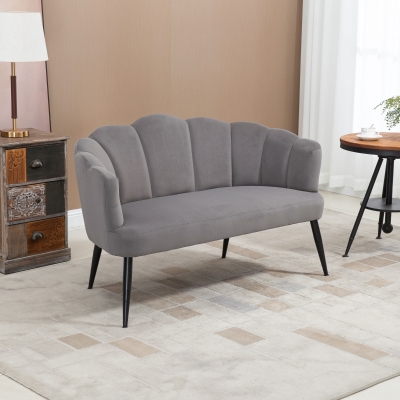 HOMCOM Sofa 2-osobowa z aksamitu z metalowymi nogami i oparciem muszlowym, 132x66x80cm, Szary