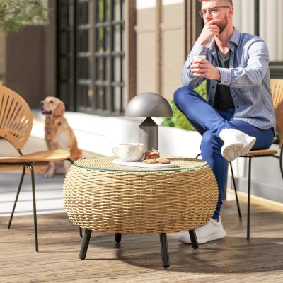 Outsunny Table Basse Ronde Rotin Ø75cm Plateau Verre Marron