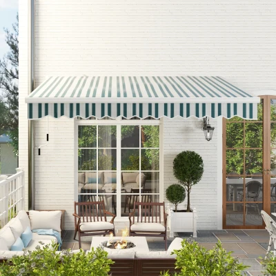 Outsunny Toldo de Brazo Enrollable con Manivela en Metal y Aluminio, 4x2,5 m, Verde y Blanco