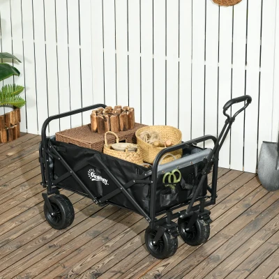 Outsunny Carrito de Jardín Plegable 4 Ruedas mango telescópico Inclinación ajustable, puerta trasera abrible, Negro