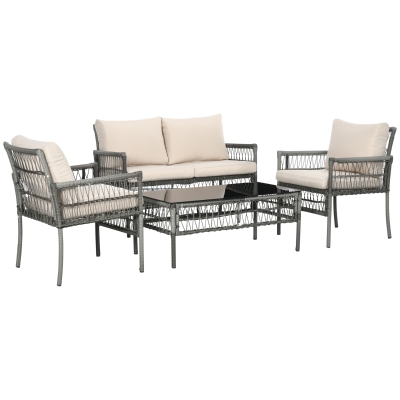 Outsunny Conjunto salón de jardín 4 piezas: sofá 2 plazas 2 sillones 1 mesa de centro con 8 cojines metal ratán sintético