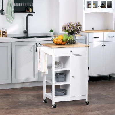 HOMCOM Küchenwagen Platzsparend aus MDF mit Gummibaumholz Arbeitsplatte, Schublade, Schrank, 3 Regale, Verstellbare Regalböden, Handtuchhalter und Drehbare Rollen, 66x39,5x86,5cm, Weiß