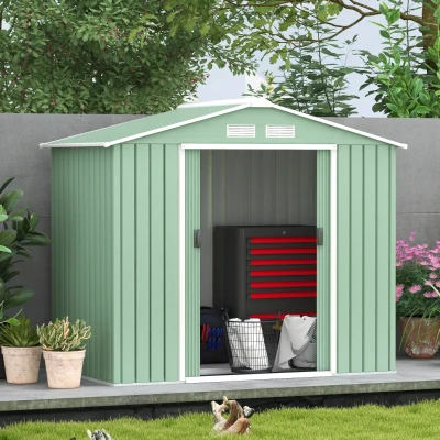 Outsunny Cobertizo de jardín, 2 puertas corredizas, ventanas de ventilación, marco base, resistente a la corrosión, acero, verde claro, 2,13x1,30x1,85 m