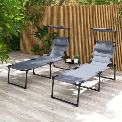 Outsunny Conjunto de 2 Tumbonas plegables gran confort con respaldo y parasol ajustables en múltiples posiciones, Gris