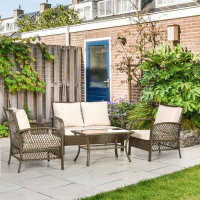 Outsunny Salón de jardín 4 plazas 4 piezas estilo colonial mesa de centro cojines Beige incluidos ratán sintético Marrón claro