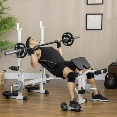 HOMCOM Banco de Pesas con Soporte de Pesas, Prensa de Pecho, Prensa de Piernas, Reposabrazos para Curls de Bíceps, Acero, Negro+Blanco