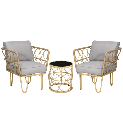 Outsunny Conjunto de salón de jardín en ratán sintético 3 piezas 2 sillones + 1 mesa baja redonda cojines incluidos
