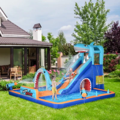 Outsunny Aufblasbares Schloss für Kinder im Alter von 3-8 Jahren mit Luftpumpe, Rutsche, Pool und Kletterwand