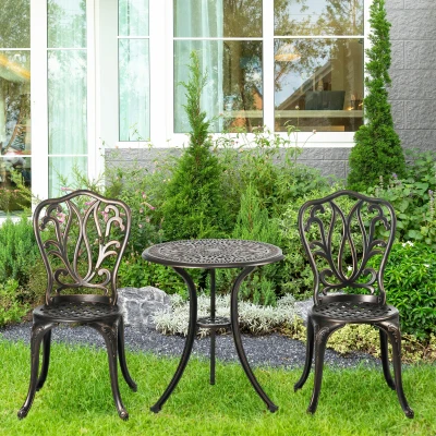 Outsunny Gartenmöbel Set 2-Sitzer 2 Stühle + Runder Tisch im Retro-Schmiedeeisen-Stil aus Aluminiumguss, bronze