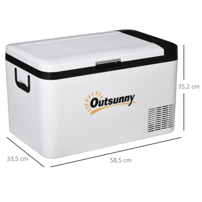 Outsunny Elektrische tragbare Kühlbox 25L 12/24V bis -20℃ Kompressor-Kühlschrank und -Gefrierschrank für Auto mit LED-Licht und klappbaren Griffen Niedriger Energieverbrauch für Zuhause Camping 58,5x33,5x35,2 cm Weiß