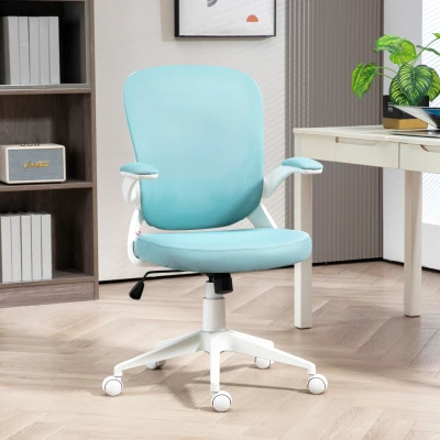 HOMCOM Sillón de oficina altura ajustable giratorio 360° reposabrazos abatibles respaldo de malla y asiento de tela Azul
