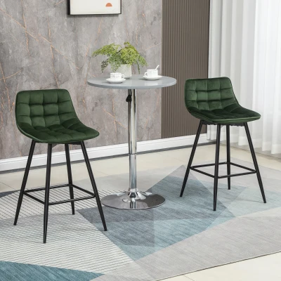 HOMCOM Set 2 Sgabelli da Bar con Schienale e Poggiapiedi Stile Nordico in Metallo e Velluto, Verde, 45x47x84cm