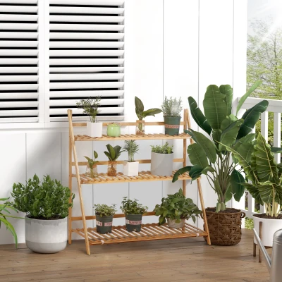Outsunny Pyramidenförmiges klappbares Bambus Pflanzenregal mit 3 Regalen 98 x 37 x 96,5 cm natürlich