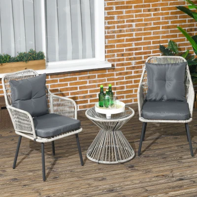 Outsunny Conjunto de jardín en ratán sintético 3 piezas marco de acero 2 sillones + 1 mesa auxiliar redonda cojines incluidos