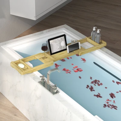 HOMCOM Badewannenregal ausziehbarer Bambus mit Getränkehalter und Seifenschale, 75-109 x 23 x 4,5 cm