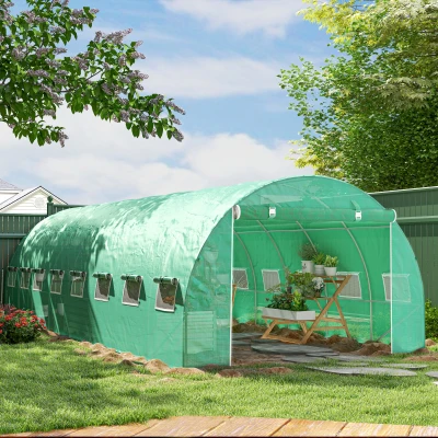 Outsunny Invernadero de jardín túnel 24m² 8x3x2 m - 16 ventanas, Puerta con Cremallera enrollable acero galvanizado, cubierta PE, Verde