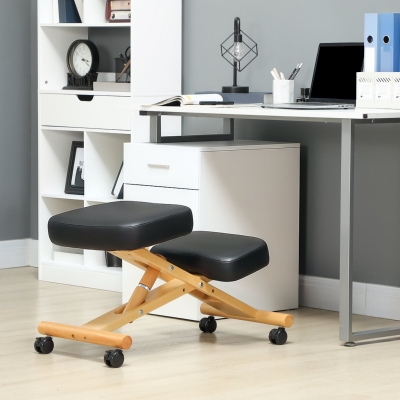 HOMCOM Ergonomischer Haltungssessel mit Kniestsuhl, Höhenverstellbar und Rollen aus Holz, Schwarz
