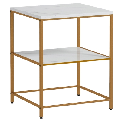 HOMCOM Mesa auxiliar mesa auxiliar con 2 estantes efecto mármol y estructura de metal dorado 44x40x54,5 cm