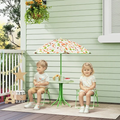 AIYAPLAY Kinder-Gartenmöbel-Set im Freien 4-teilig, Elefanten- und Giraffenmotiv, verstellbarer Ø 100 cm Sonnenschirm, klappbarer Stuhl