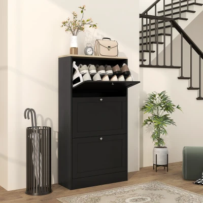 HOMCOM Schuhschrank im skandinavischen Stil 3 klappbare Türen für 18 Paar Schuhe 60 x 23,5 x 115 cm Schwarz in Holzoptik