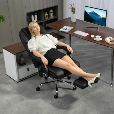 HOMCOM Silla de Oficina Masaje y Calefacción con Respaldo Reclinable y Reposapiés en Piel PU Negro
