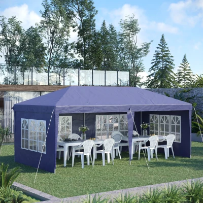 Outsunny Opklapbare tuinpaviljoen van 6 x 3 m, halfopen, verwijderbare zijwanden, grote ramen, draagtas, stalen frame, blauw