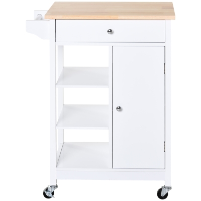HOMCOM Küchenwagen Platzsparend aus MDF mit Gummibaumholz Arbeitsplatte, Schublade, Schrank, 3 Regale, Verstellbare Regalböden, Handtuchhalter und Drehbare Rollen, 66x39,5x86,5cm, Weiß