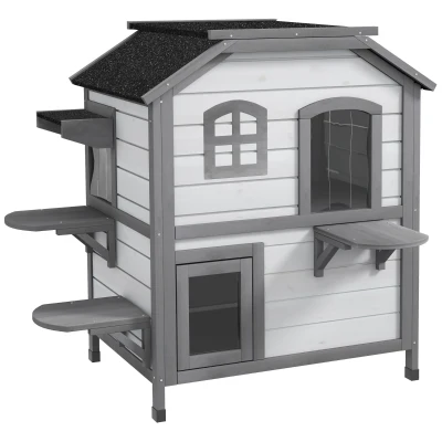 PawHut Casa para Gatos Cabaña para Gatos Cueva para Gatos, 2 Pisos, resistente a la intemperie, 78,1×55,2×90,8 cm, Blanco + Gris