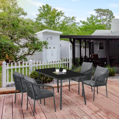 Outsunny Gartenmöbel-Salon 4 Personen aus PE-Rattan mit stapelbaren Stühlen und Kissen, gehärtete Glasplatte, Aluminiumrahmen