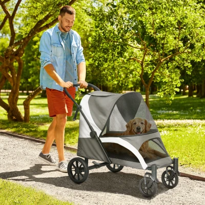 PawHut Poussette Pliable Grands Chiens 4 Roues Freins Gris