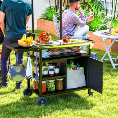 Outsunny Gartenwagen Grillwagen mit Edelstahl-Arbeitsplatte klappbarer Beistelltisch, Haken, Abdeckung, schwarz
