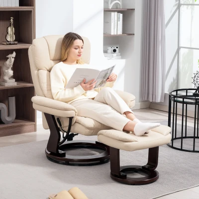 HOMCOM Relaxsessel mit Fußhocker, Verstellbarer Sessel, Kunstleder-Bezug, Polstersessel mit klappbarer Rückenlehne, Cremeweiß