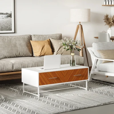 HOMCOM Mesa de Centro con 2 Cajones y Estante Abierto en Madera y Metal 100x50x40 cm Blanco y Marrón