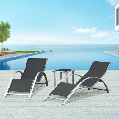 Outsunny Conjunto de 2 tumbonas de diseño contemporáneo mesa de centro tapa de vidrio templado metal epoxi textileno Gris oscuro