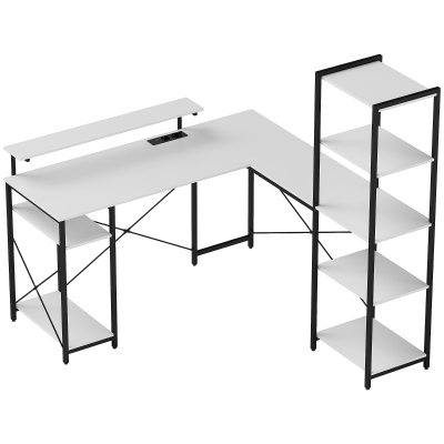 HOMCOM Bureau d'Angle avec USB, Étagère et Support, Blanc/Noir